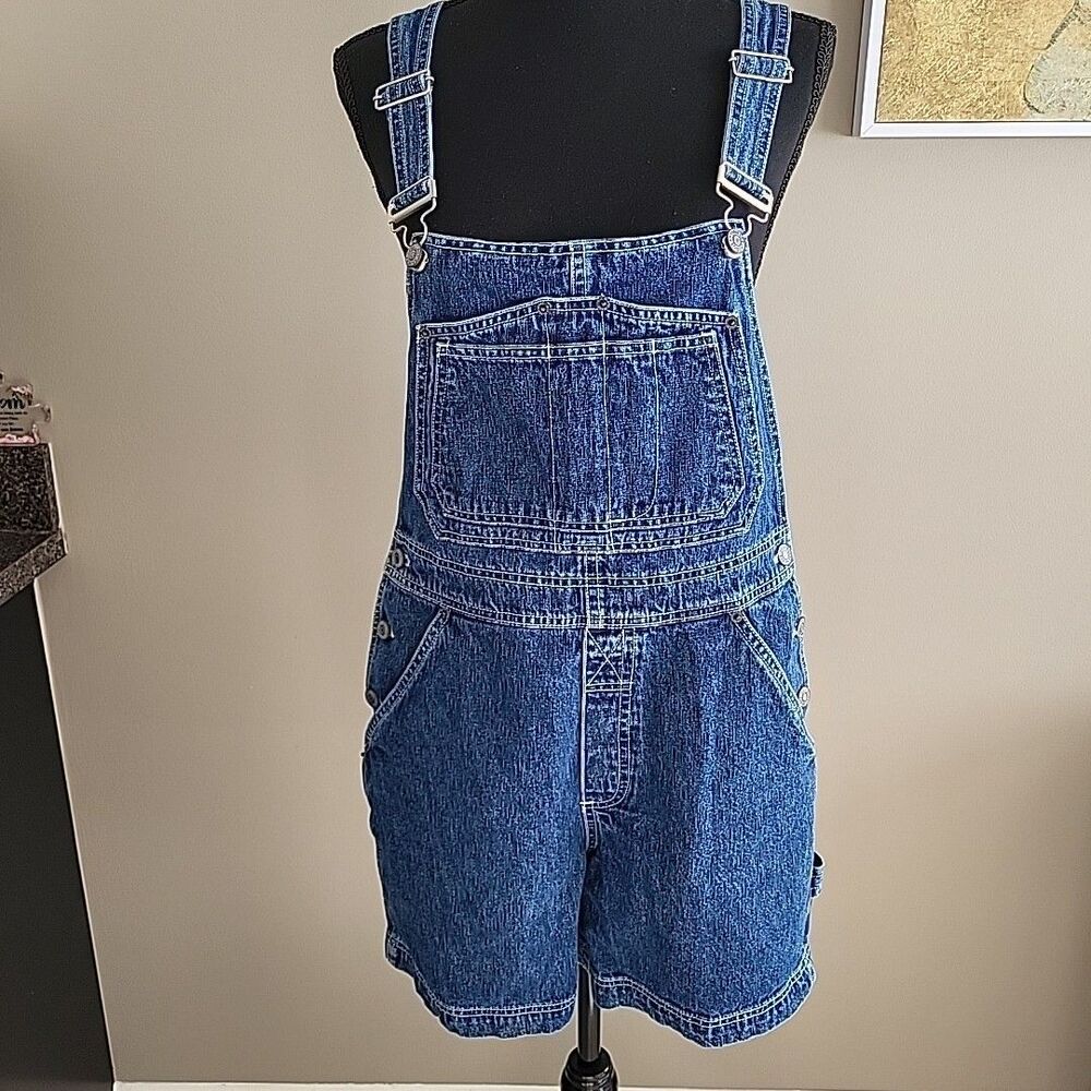 VINTAGE 90s Bill Blass Overalls Shorts Womens Size S Denim Carpenter Bibs